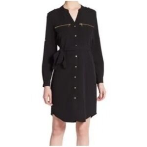 Calvin Klein Black Shirtdress Belted Zip Pocket Button Front Long Sleeve Office